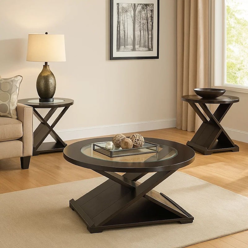 3 Piece Round Glass Coffee Table and End Table with X Shaped Base, Brown