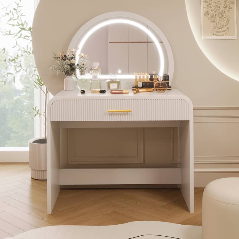 39" Makeup Vanity Table with LED Touch Screen Lighted Mirror, Curved Dressing Table Office Desk with Drawer - White