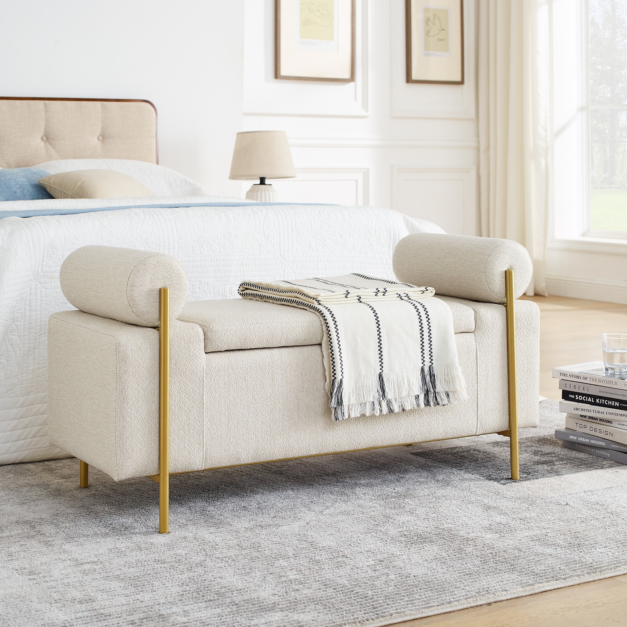 Elegant Linen Storage Bench with Cylindrical Arms & Metal Legs