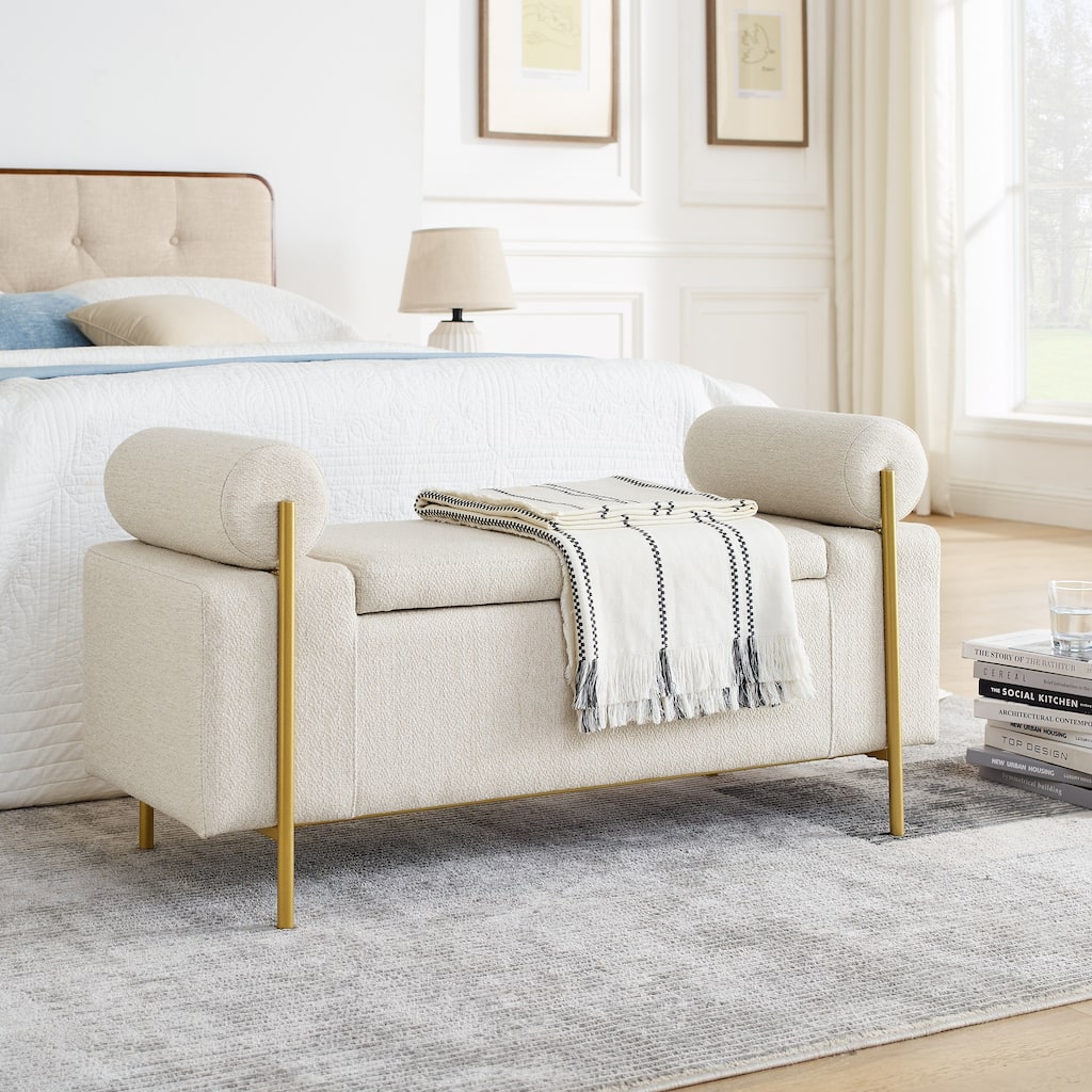 Linen Upholstered Storage Bench with Cylindrical Arms and Iron Legs