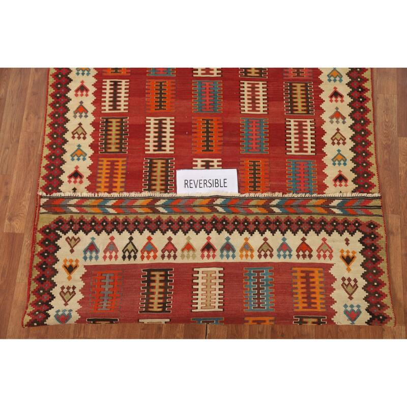 Kilim Qashqai Persian Vintage Area Rug Hand-Woven Red Wool Carpet - 4'7" x 7'1"