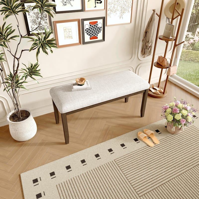 Modern Storage Bench with Solid Wood Leg, Linen Upholstered - Beige + Brown