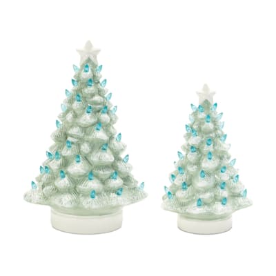 LED Lighted Ceramic Christmas Tree Decorations - 15" - Set of 2