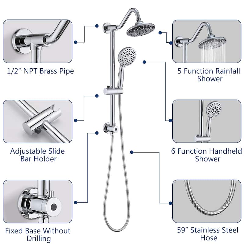 6 Inch Rain Shower Head with Handheld Shower Head Bathroom Rain Shower System