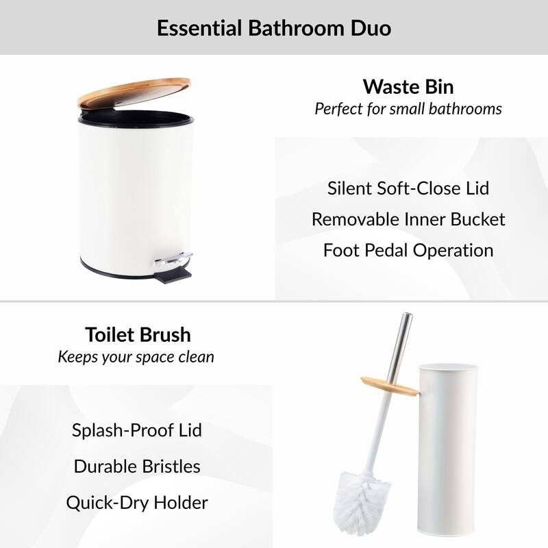 Bathroom Set with Bamboo Lid - Matte Metal Trash Can and Toilet Brush - 15.6" H x 11" L x 11" W