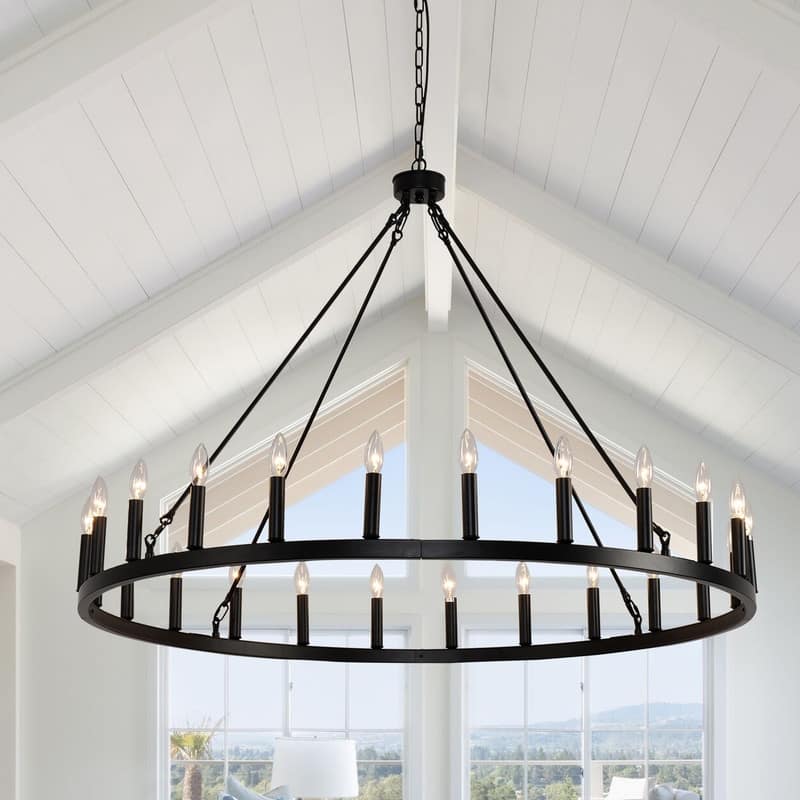 48 In Wagon Wheel Chandelier 24 Light Black Round Modern Chandeliers - Black