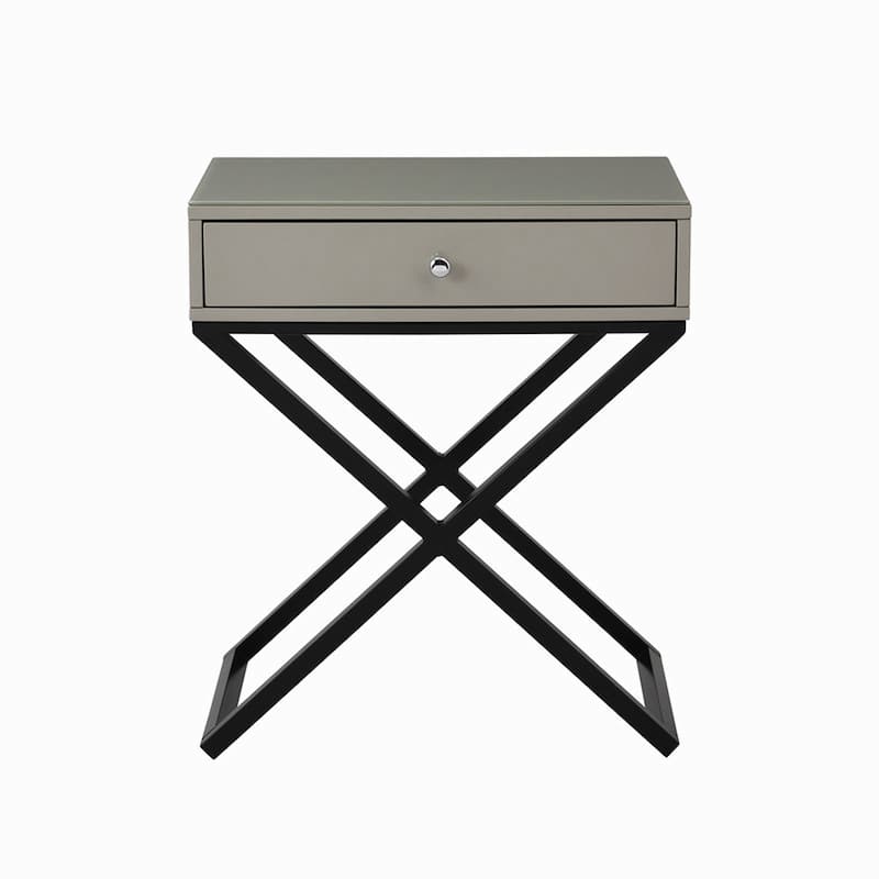 Wooden End Side Table Nightstand with Glass Top, Drawer and Metal Cross Base