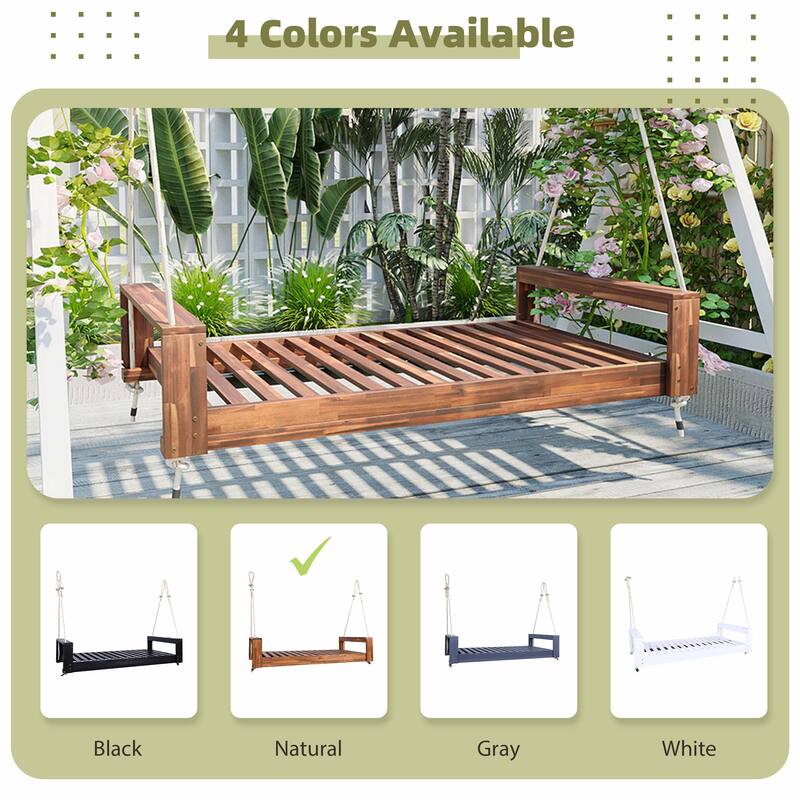 Twin Size Porch Swing Bed Seating Group, Patio Acacia Wood Swing Frame with Hemp Rope