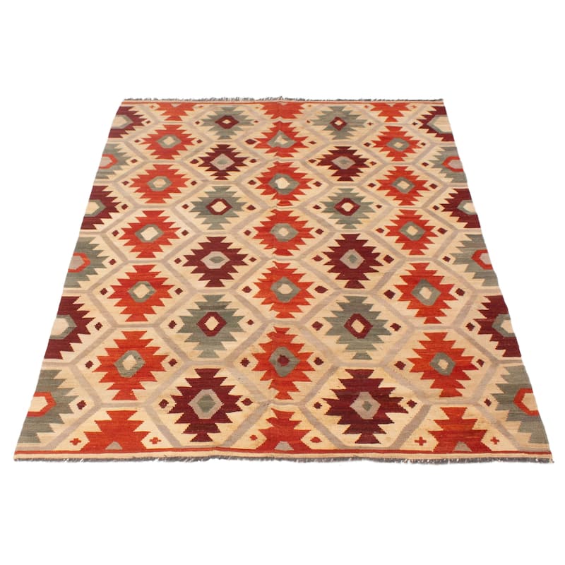 ECARPETGALLERY Flat-Weave Bold and Colorful Cream Wool Kilim - 5'11 x 8'0