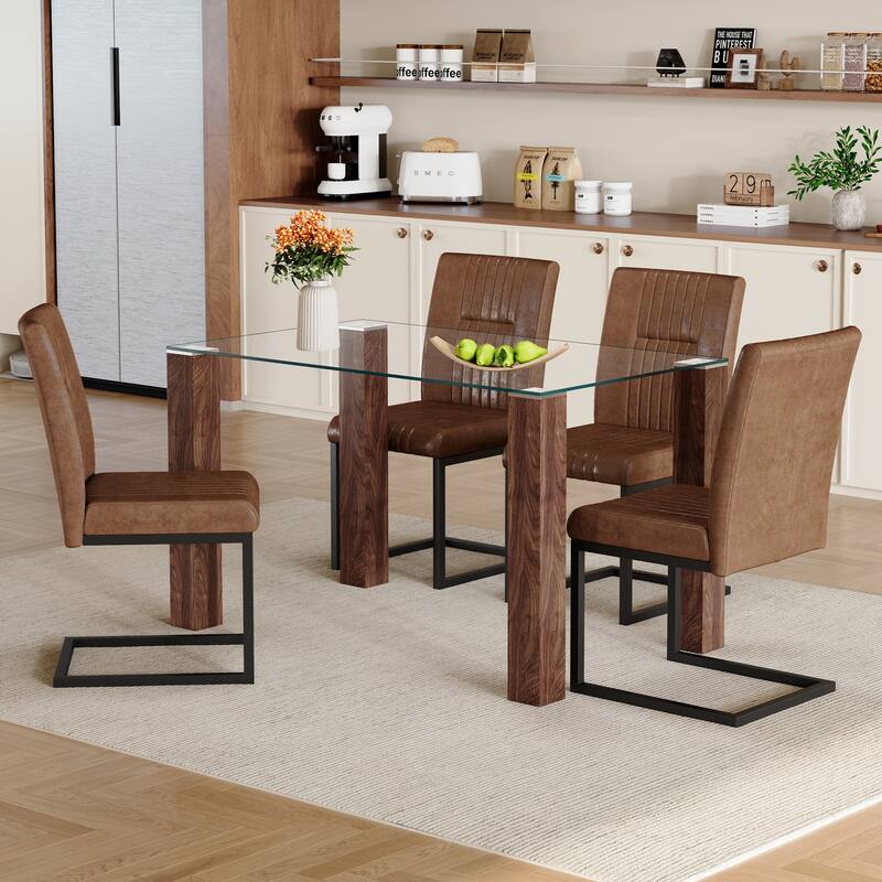 5-Piece Dining Set for 4, Rectangular Glass Table & 4 Chairs wtih Wood Legs, Kitchen Table & Chairs Set for Small Spaces