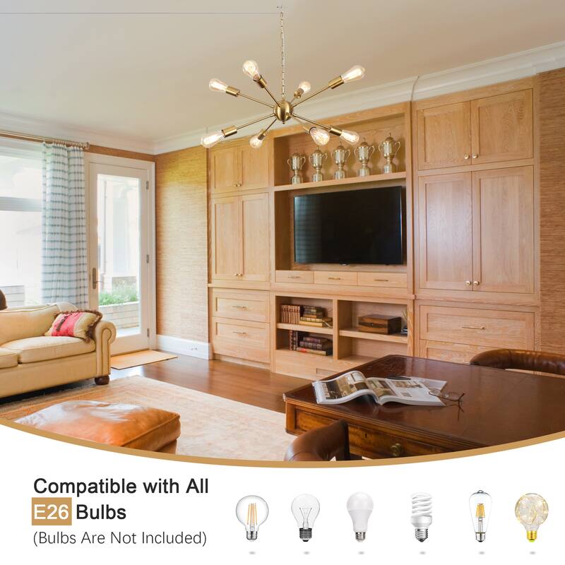 8-Light Hanging Sputnik Linear Chandelier Lighting with Plug for Kitchen Island