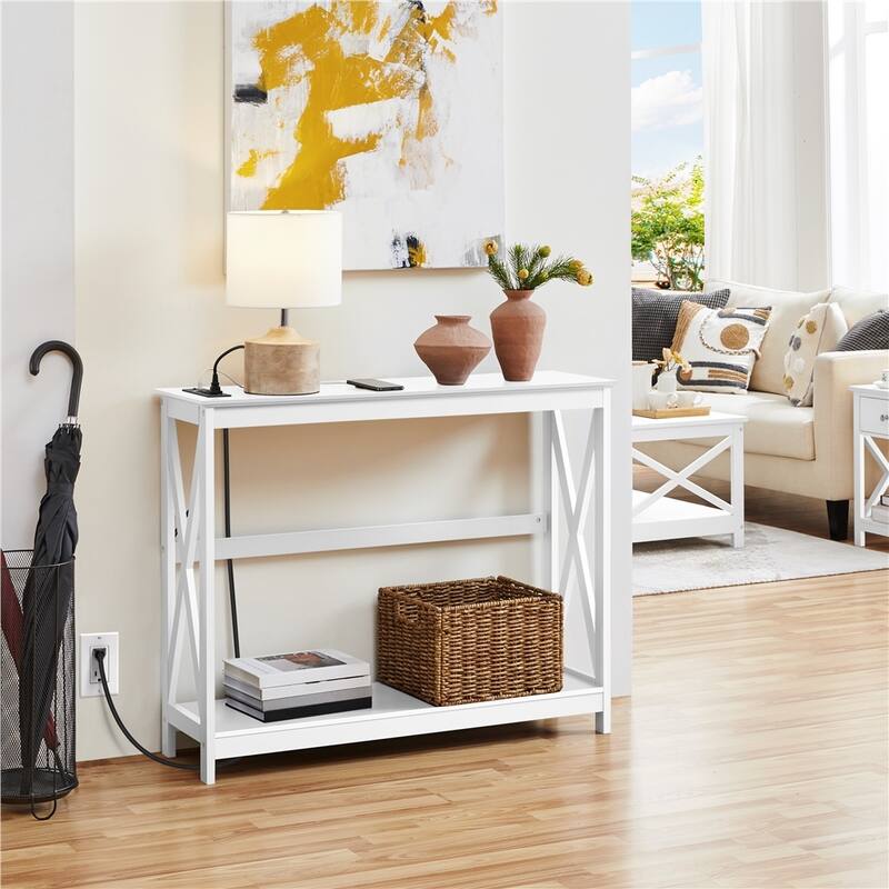 Yaheetech 2-Tier Narrow Sofa Table with Outlet Industrial Long Console Table