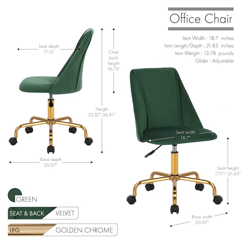 Porthos Home Caia Armless Office Chair, Velvet, Gold Metal Legs
