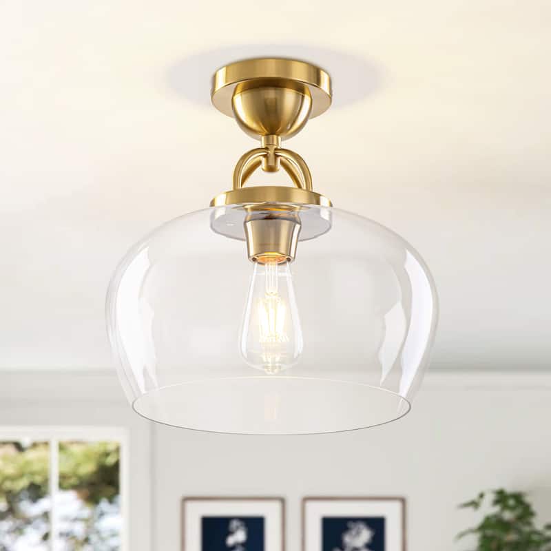 1-Light Modern Metal & Glass Flush Mount with Transparent Open Flat-Ball Shade for Bedroom - 11.8 in. W x 13 in. H - 11.8 in. W x 13 in. H - Gold