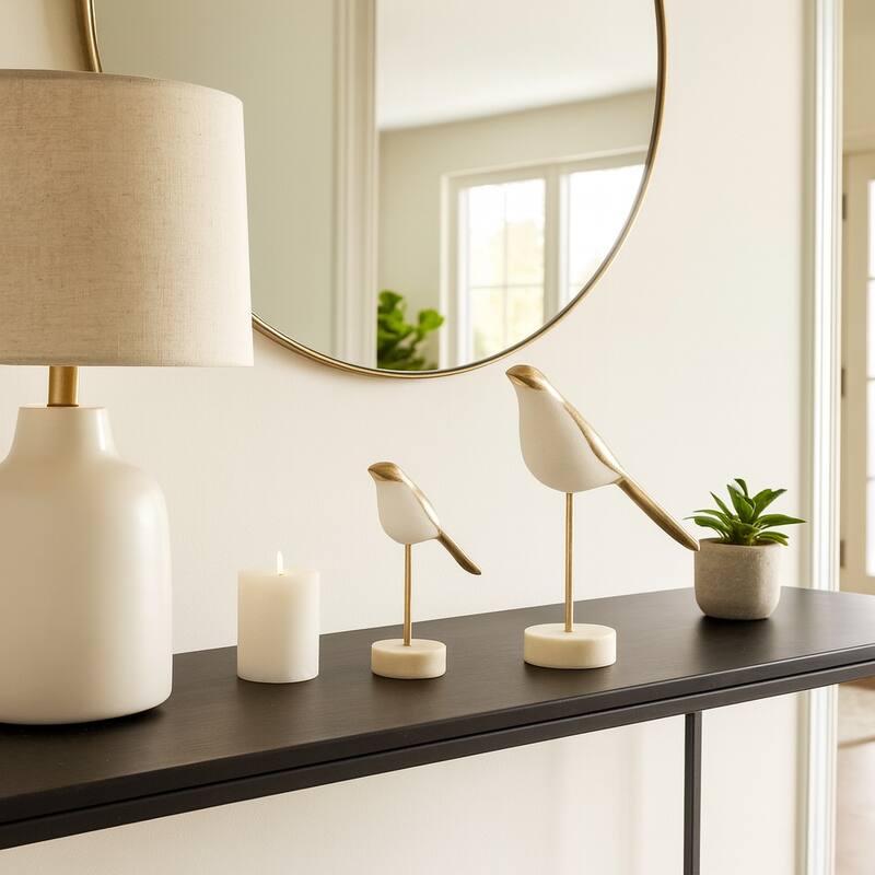 Exquisite Bird Figurine Sculpture - Set of 2, 12", White - 12.0" - White/gold - 12.0"