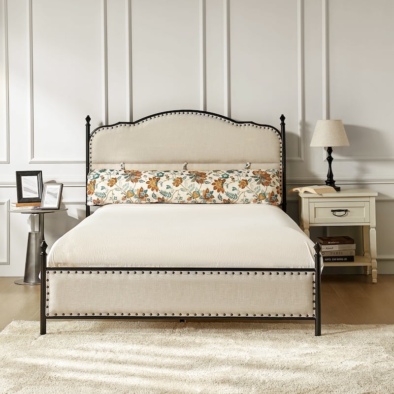 Eulalia Transitional Upholstered Platform Metal Bed Frame Four Poster Bed with High Headboard&Pillow - Orange