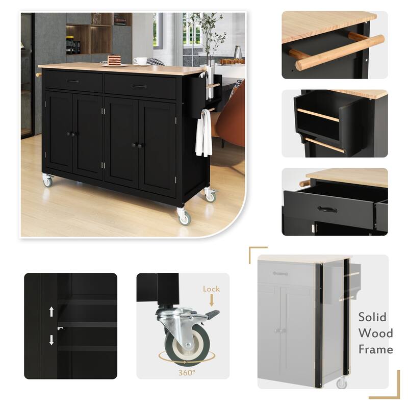 Kitchen Island Cart with 4 Door Cabinet and Two Drawers and 2 Locking Wheels - Solid Wood Top