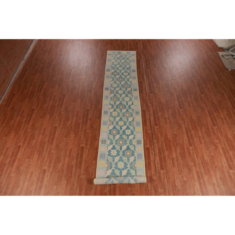 Hand Knotted Oriental 100% Wool Carpet Transitional Floral Navy Blue & Blues Oushak Runner Rug - 17' 2'' X 3' 1''