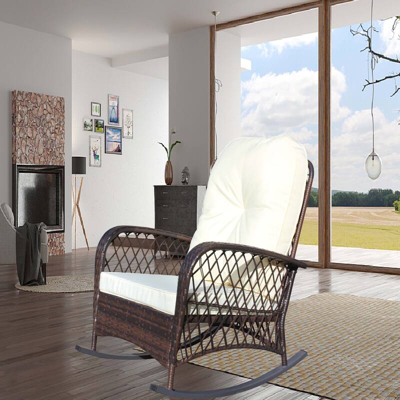Outdoor Wicker Rocking Chair with Wide Seat, Thick, Soft Cushion, Rattan Rocker w/Steel Frame, High Weight Capacity