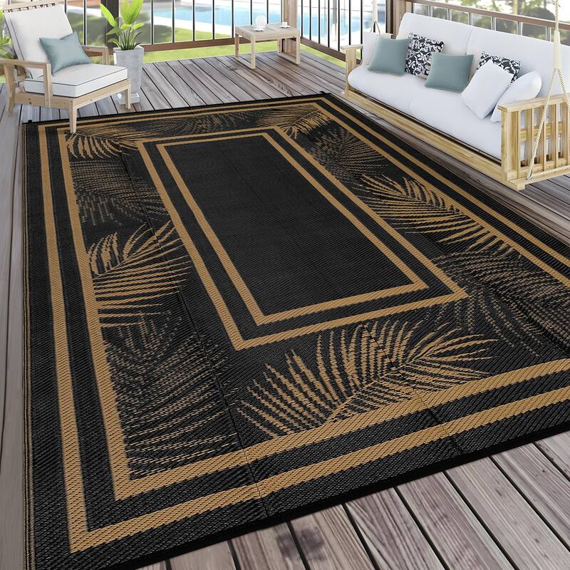 Outdoor Rug Waterproof Plastic Straw Rug Portable Camping Rug Leaves Pattern Outdoor Carpet for RV Porch Deck Camper - 8'x10' - Black Brown