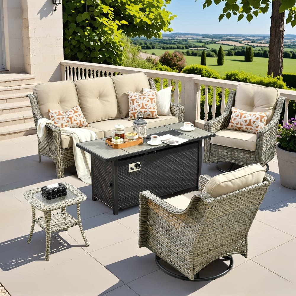 OVIOS 5 Pieces Outdoor Wicker Set with 54" Fire Table