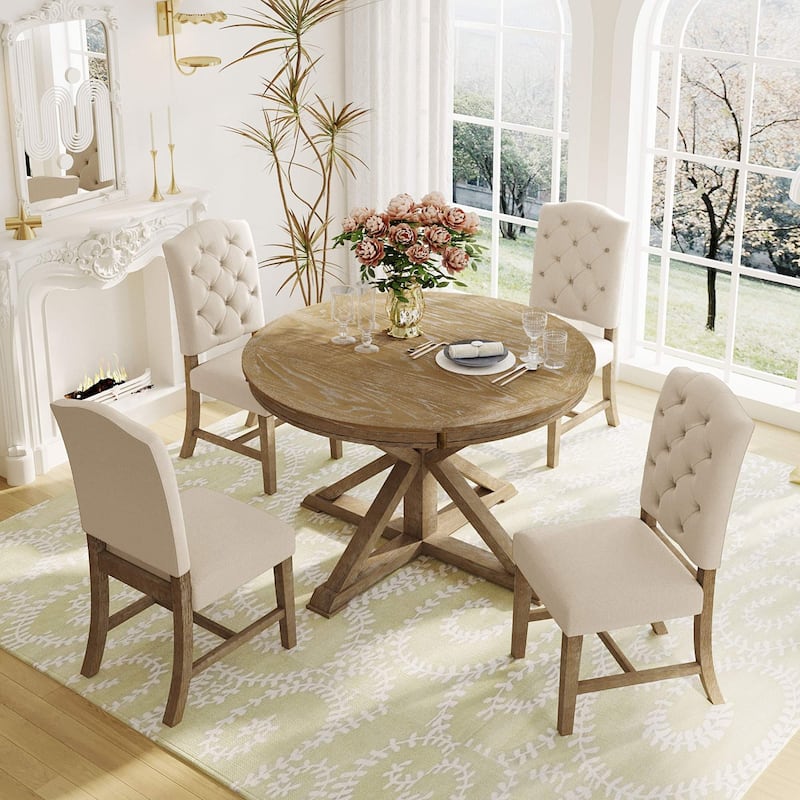5 PCS Retro Style Dining Table Set for 4 with Extendable Table and 4 Upholstered Chairs