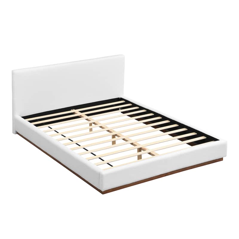 Elegant White Fabric Upholstered Bed with Solid Wood Base Frame, King/Queen Size