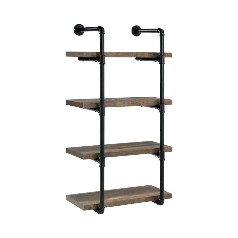 Wall Shelf with 4 Shelves and Piped Metal Frame, Brown and Black