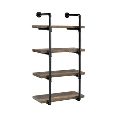 Wall Shelf with 4 Shelves and Piped Metal Frame, Brown and Black