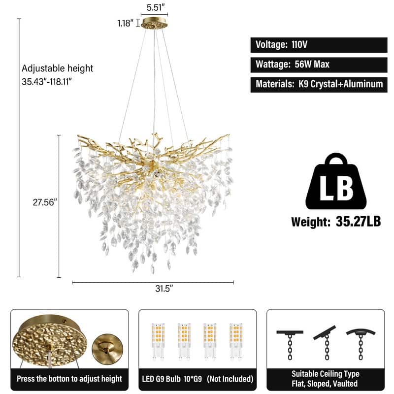 Modern Round Branch Crystal Chandelier, 600-1200mm Diameter, Marquise Cut Crystal Pendant Light