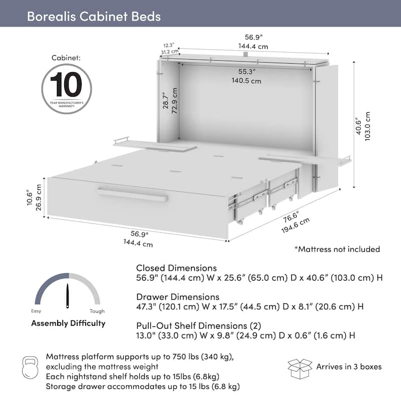 Bestar Borealis 57W Full Murphy Cabinet Bed with Pullout Drawer