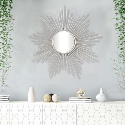 Silver Metal Sunburst Mirror - W: 32" x D: 0.75" x H: 32"