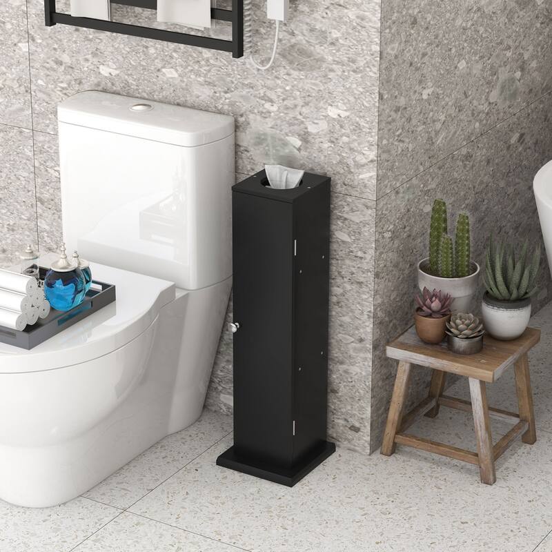 Toilet Paper Cabinet,Small Bathroom Corner Floor Cabinet with Doors and Shelves,Thin Storage Bathroom Organizer - Black