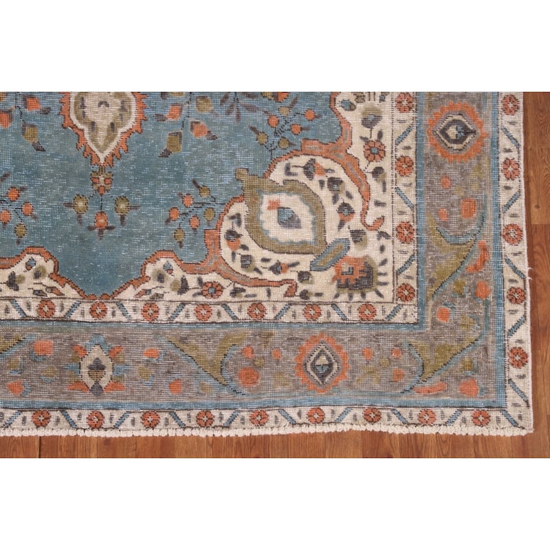 Over-Dyed Blue Tabriz Vintage Area Rug Handmade Wool Carpet - 6'5" x 9'5"