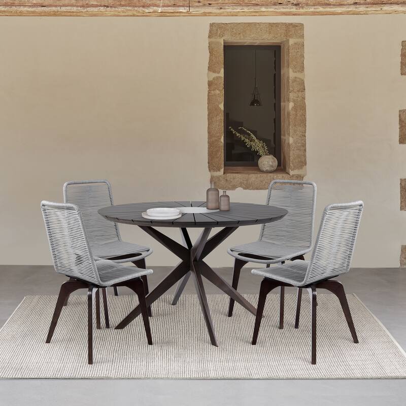 Sachi and Island Mid-Century Rope and Solid Wood 5 Piece Outdoor Dining Set