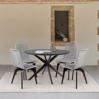Sachi and Island Mid-Century Rope and Solid Wood 5 Piece Outdoor Dining Set