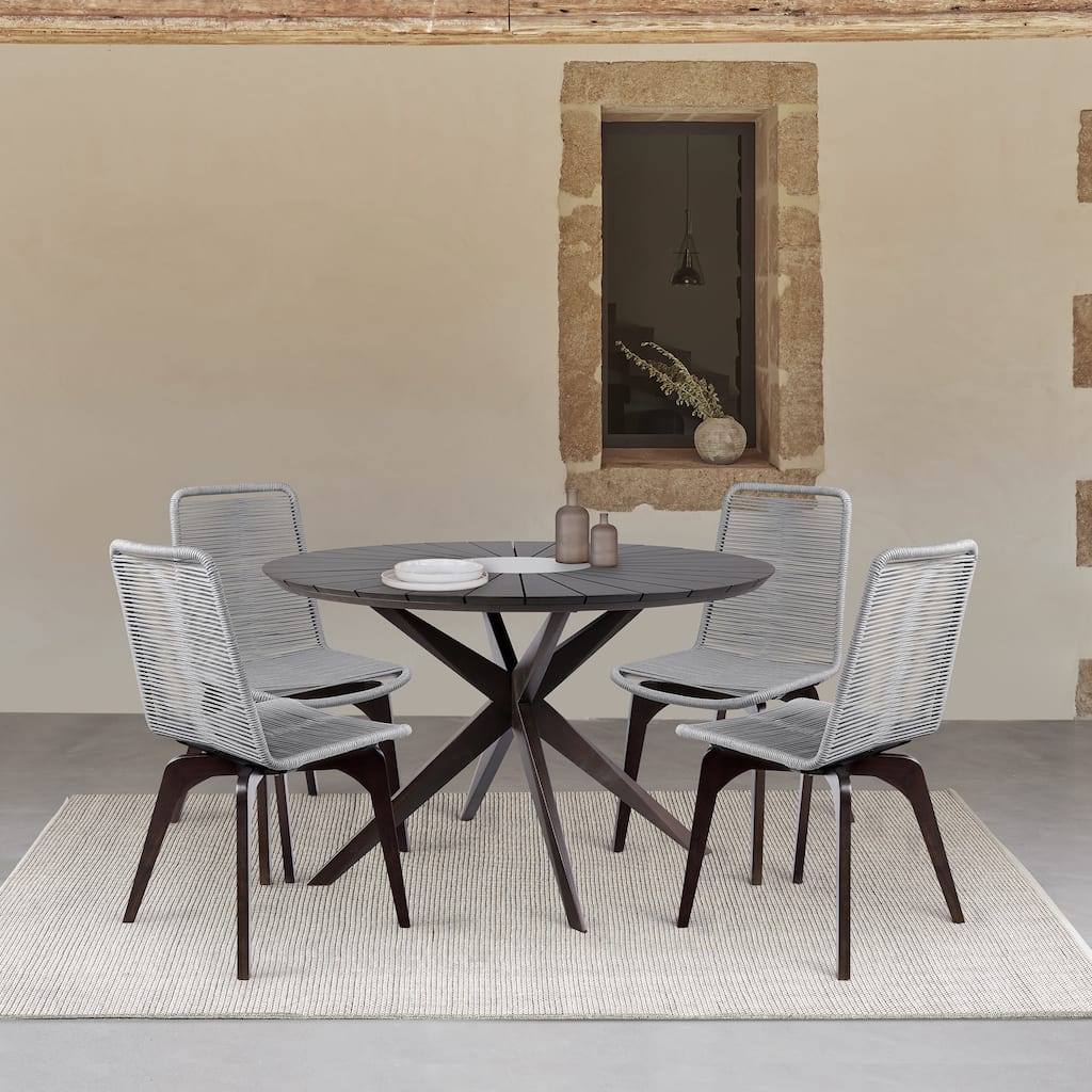 Sachi and Island Mid-Century Rope and Solid Wood 5 Piece Outdoor Dining Set