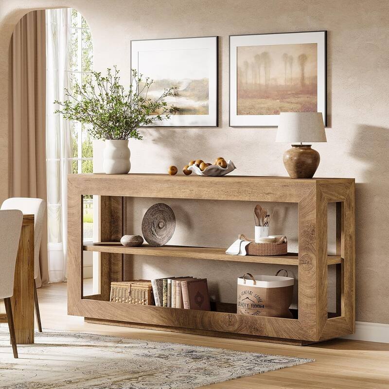 63" Farmhouse Wood Console Table with 3-Tier Storage Shelf for Entryway Hallway, Living Room - Brown