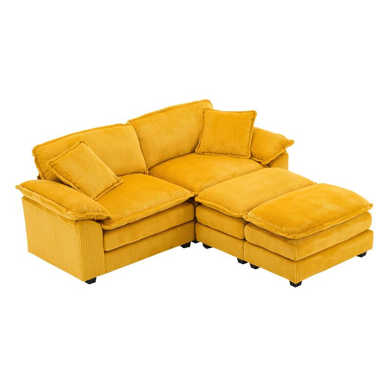 84.6" Corduroy 2-seats sofa With 2 back pillows,2 toss pillows and two ottoman