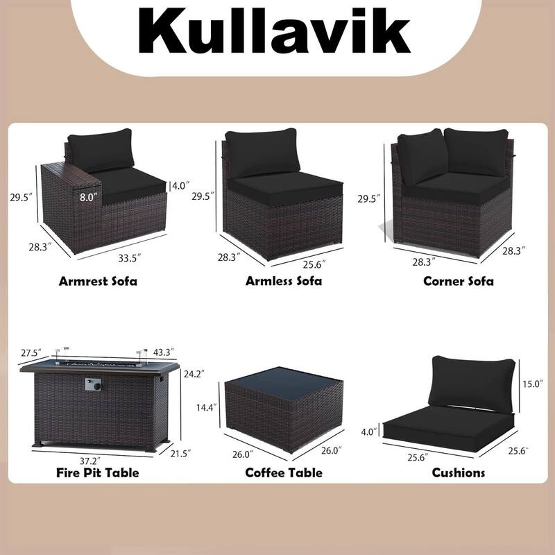 Delnavik 13 Pieces Outdoor Patio Furniture Set with Fire Pit Table w/ Wide Armrests