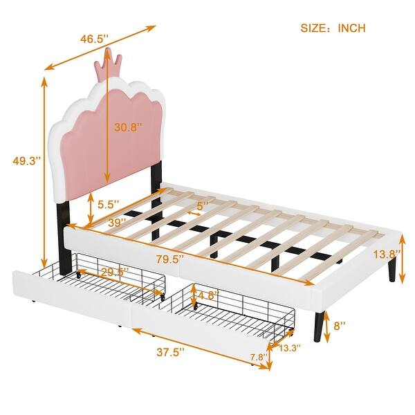 Twin Size Upholstered Princess Bed With Crown Headboard and 2 Drawers