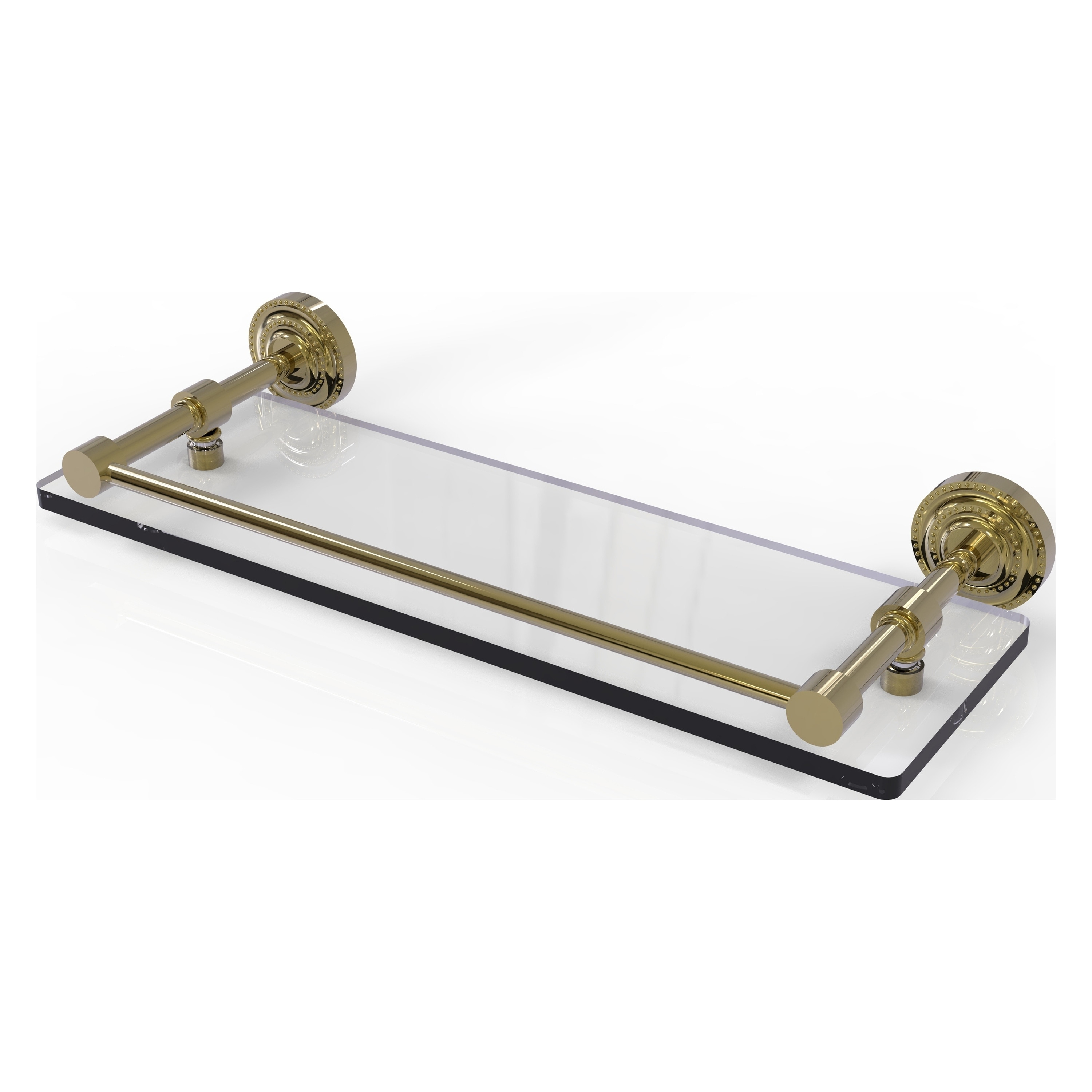 Dottingham 16 in. L x 8 in. H x 5 in. W 2-Tier Clear Glass Bathroom Shelf with Gallery Rail in Polished Nickel Dottingham 16 in. L x 8 in. H x 5 in. W 2-Tier Clear Glass Bathroom Shelf with Gallery Rail in Polished Nickel