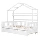 preview thumbnail 5 of 11, Twin House Bed with Trundle and Storage Shelves for Kids, Wooden Frame with Roof Design and Play Area