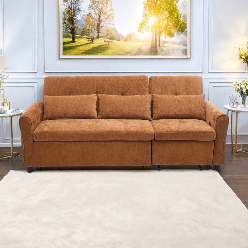 82" Chenille 2-in-1 Sofa Bed with Adjustable Backrest, Reversible Chaise, USB Charging Ports - Orange