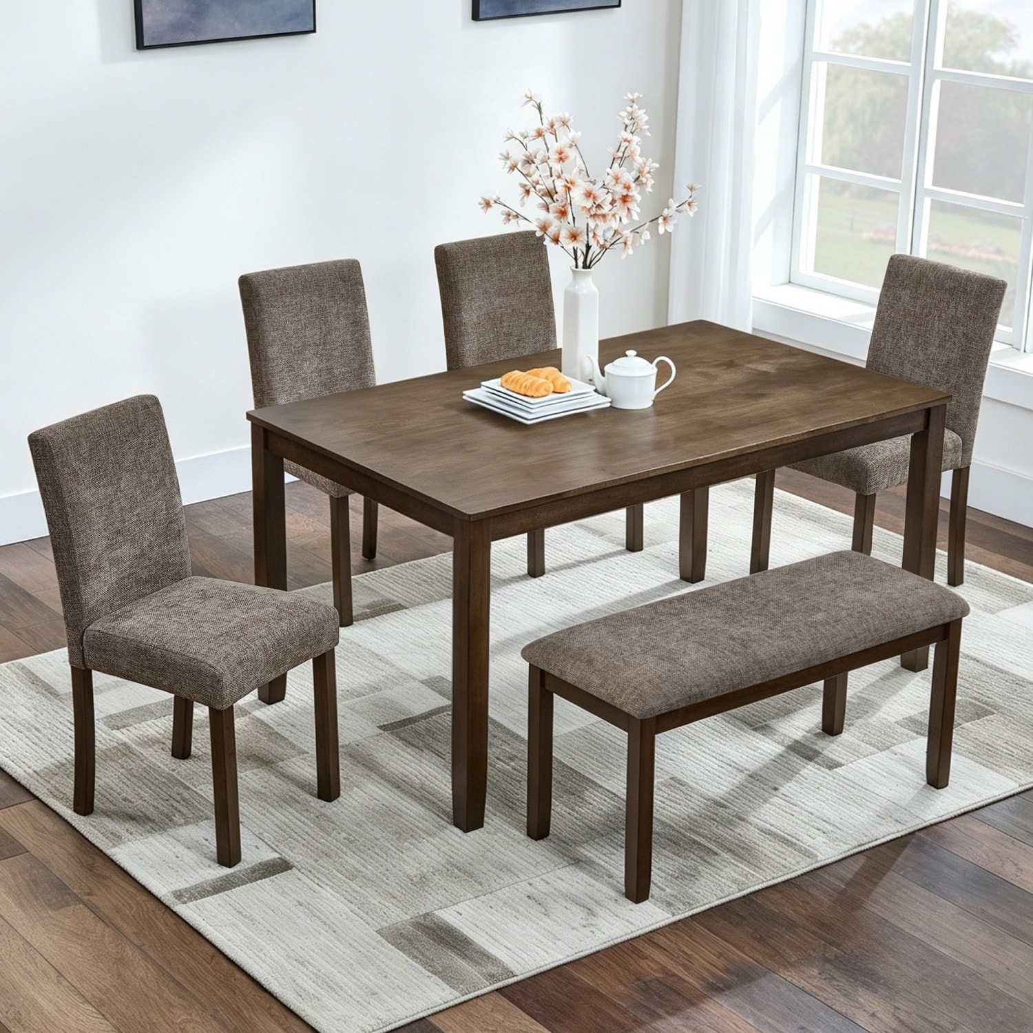 6-Piece Set, 58.5" Wooden Dining Table with 4 Padded Chairs and Bench