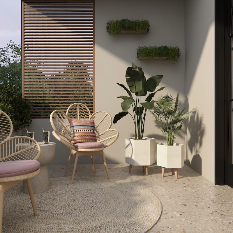 Magnesium Oxide Geometric Hexagon Indoor Outdoor Planter with Brown Wooden Legs - Set of 2 White - CosmoLiving by Cosmopolitan