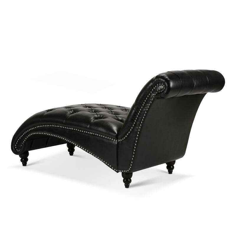 PU Tufted Armless Chaise Lounge with Nailhead Trim and Wood Legs