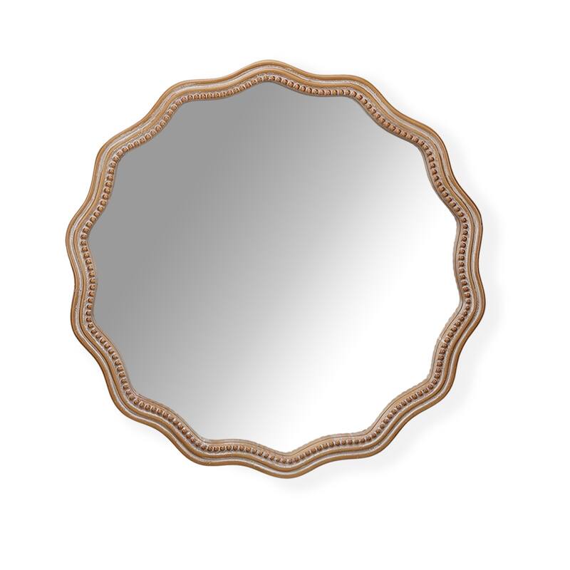 Round Wood Wavy Scalloped Wall Mirror - Modern Farmhouse Decor for Bathroom, Living Room - Antique Natural