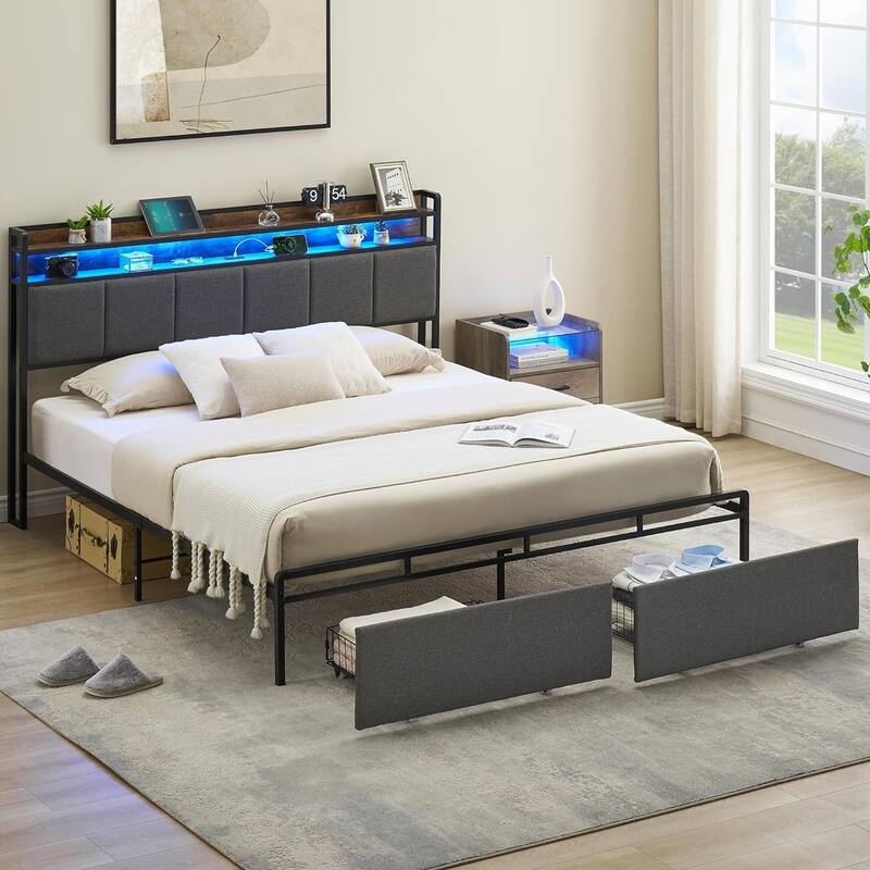 Bed Frame with Headboard and Storage Drawers