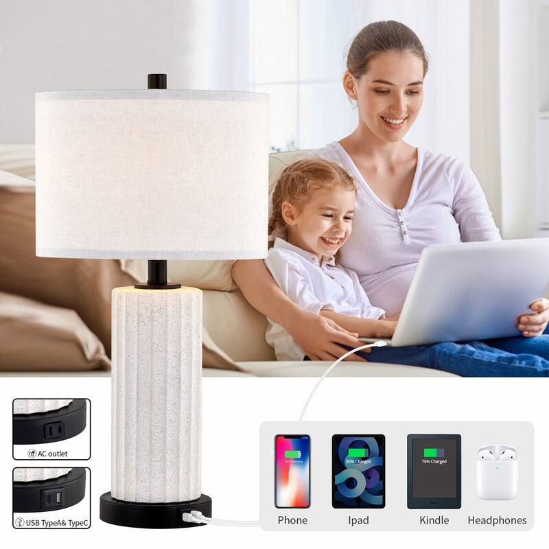 KAWOTI 23inch Ceramics Table Lamp Set with Bulbs, USB Ports (set of 2) - W12" * H23.25"